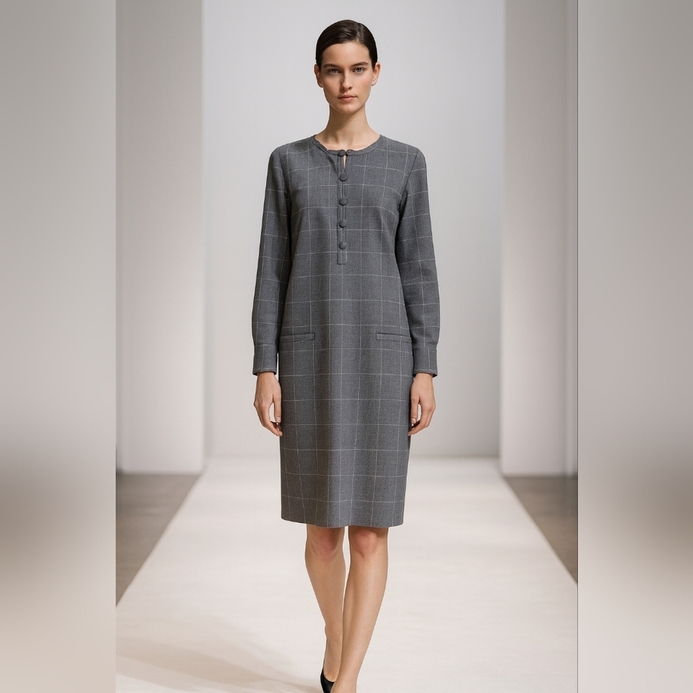 NWT Lela Rose Pearl Chestnut Plaid Wool Full Sleeve Dress Size 16
